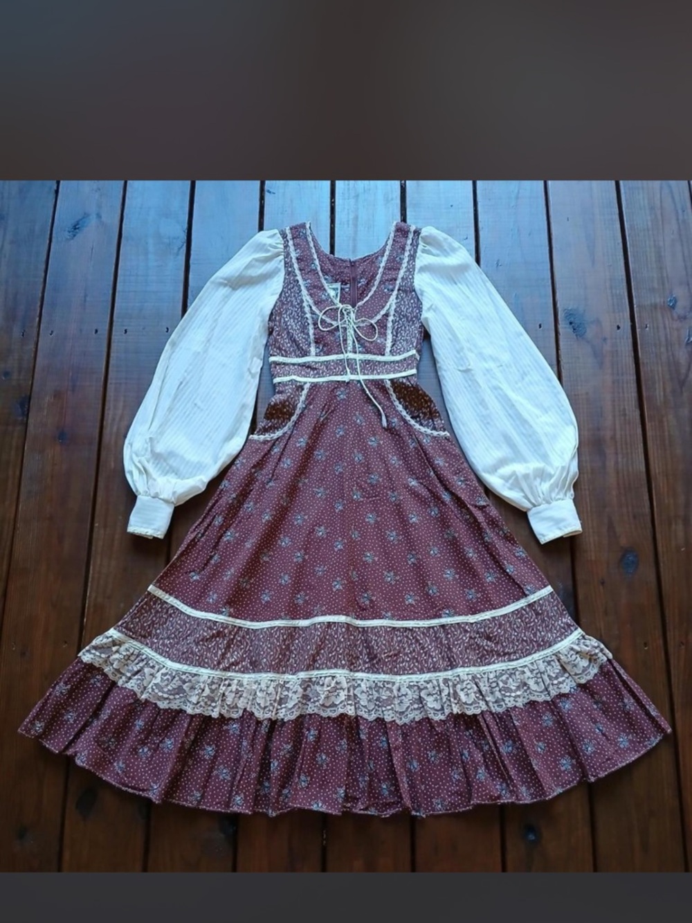 Gunne Sax Burgundy Floral Maxi Dress with Cream Bishop Sleeves